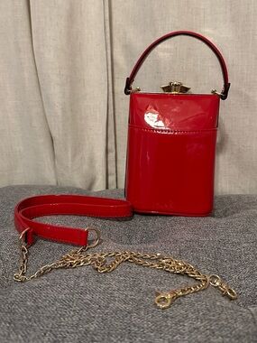 Red Patent Box Crossbody Bag with Gold Hardware